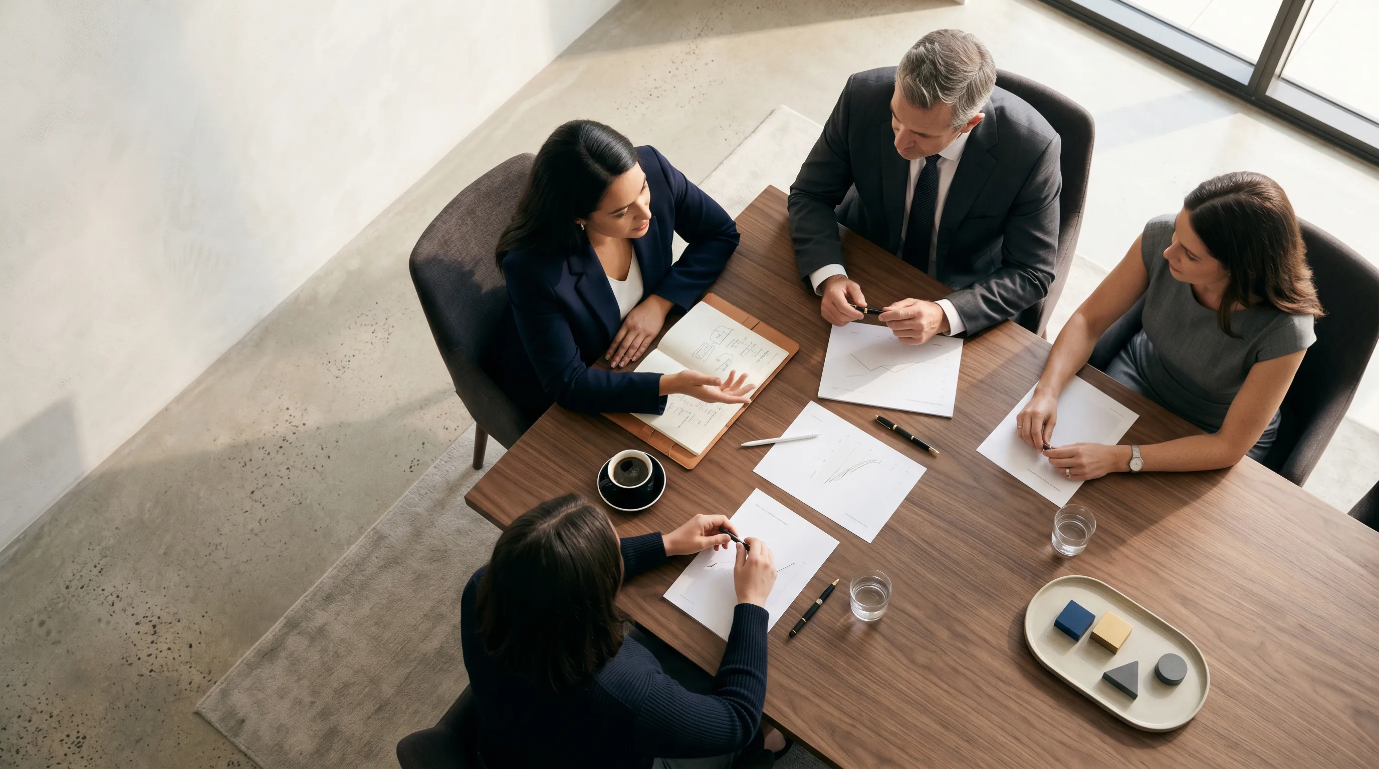 Business owner and advisor in a working meeting, reviewing financial reports on a table