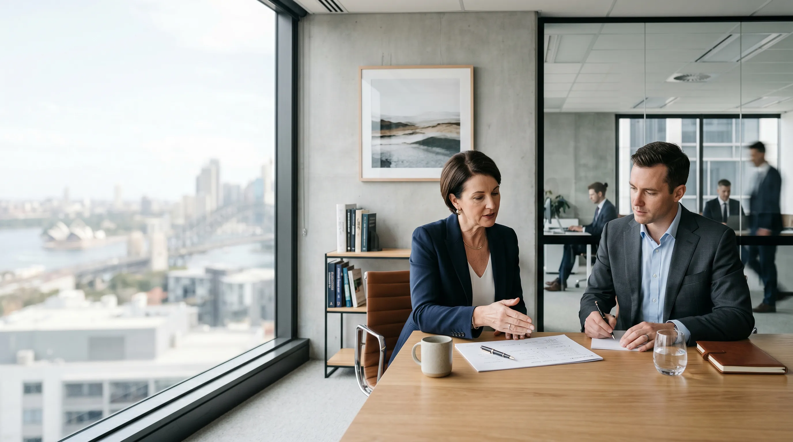 Business leader in a positive team meeting, engaged and focused discussion around a table