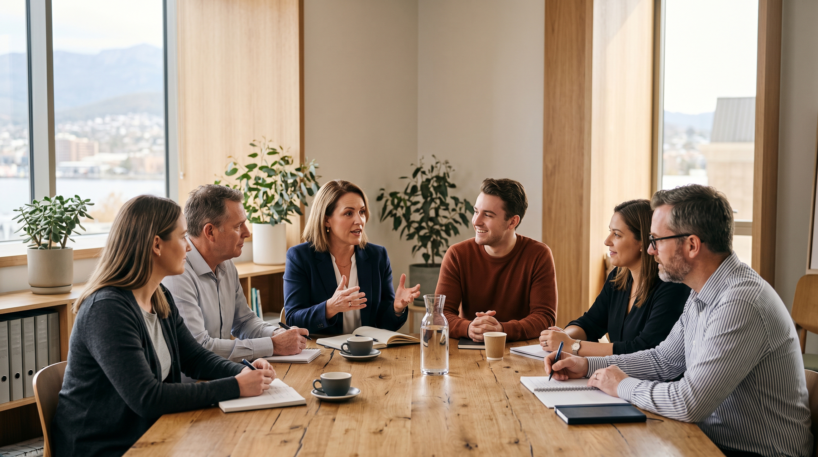 Business owners and advisor reviewing strategy plans together